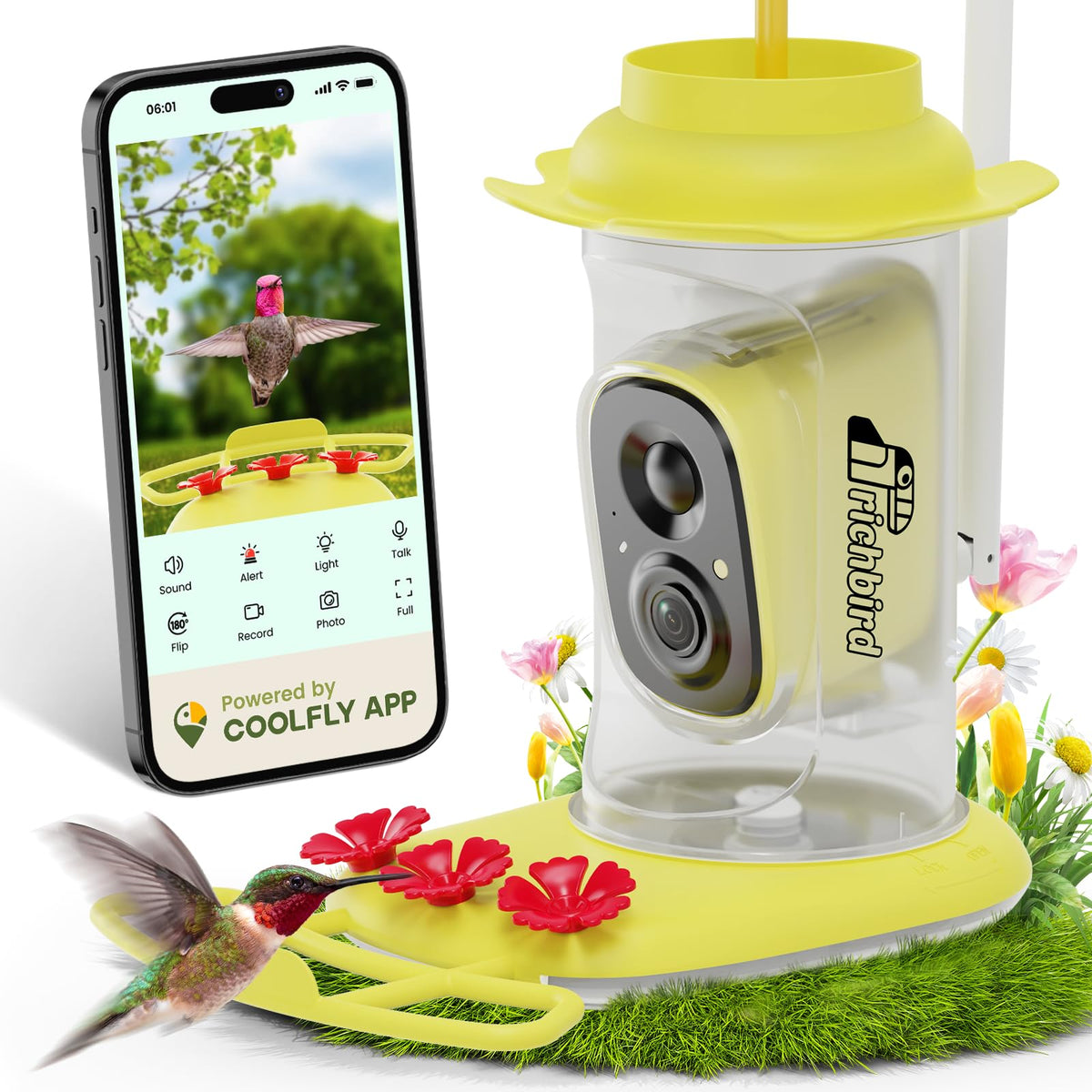 RichBird alimentador de colibríes con cámara de alta definición para observación detallada.