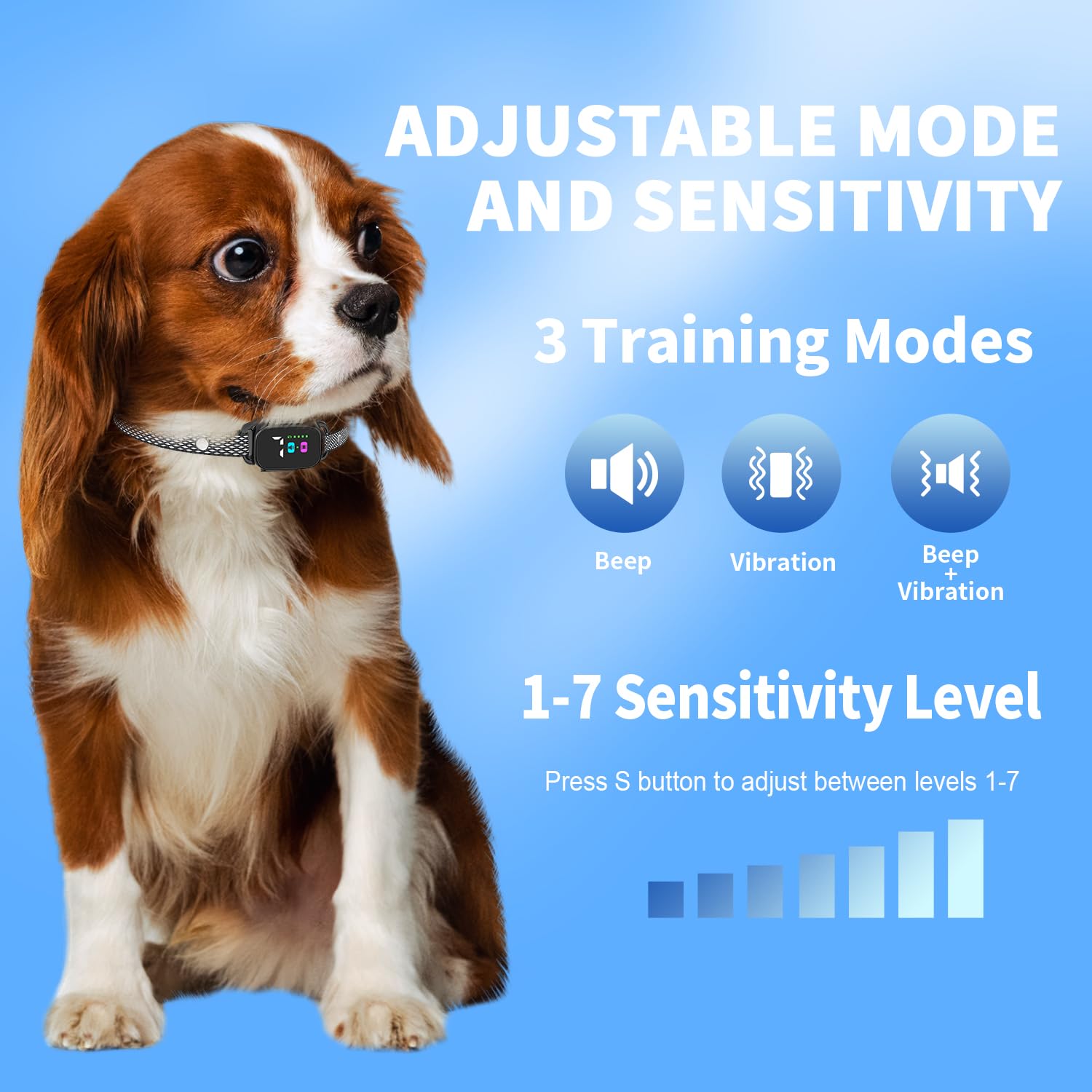 RICIVI collar anti ladridos con 7 niveles de sensibilidad para adaptar el entrenamiento.