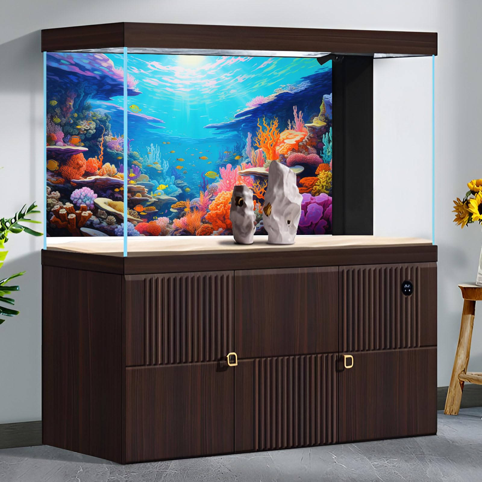 Riivvdise escena oceánica de fondo, aporta sensación de amplitud al acuario