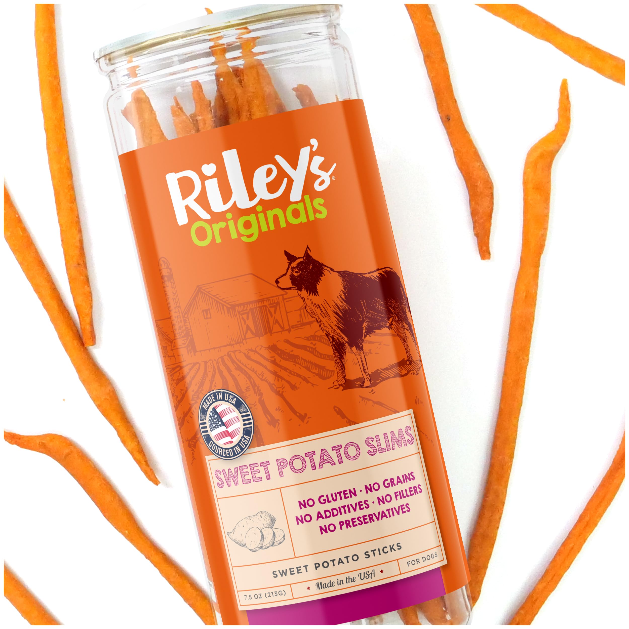 Riley's Slims batata deshidratada para perro en tiras, recompensa ideal.