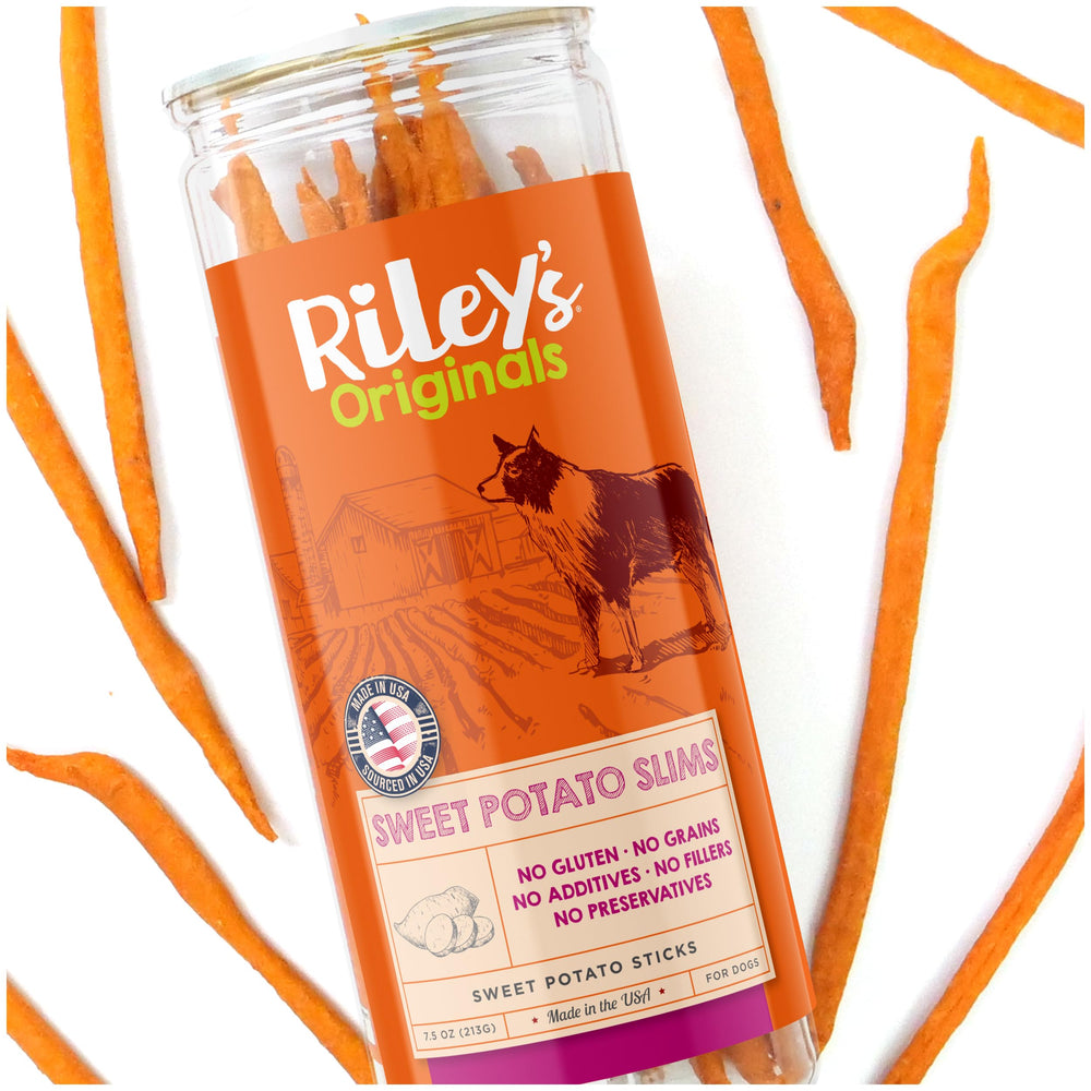 Riley's Slims batata deshidratada para perro en tiras, recompensa ideal.