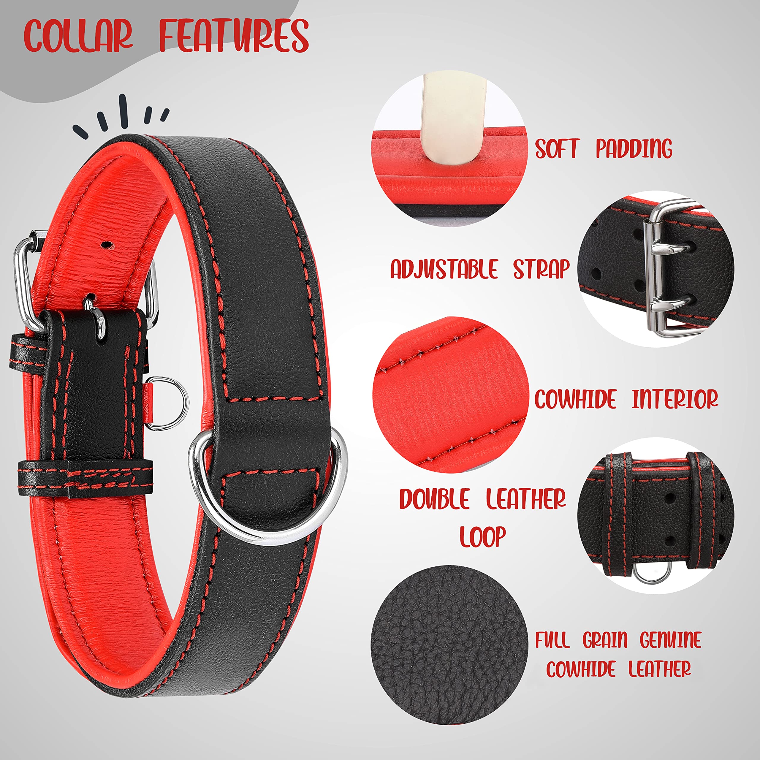 Riparo collar de cuero negro con costura roja, uso diario.
