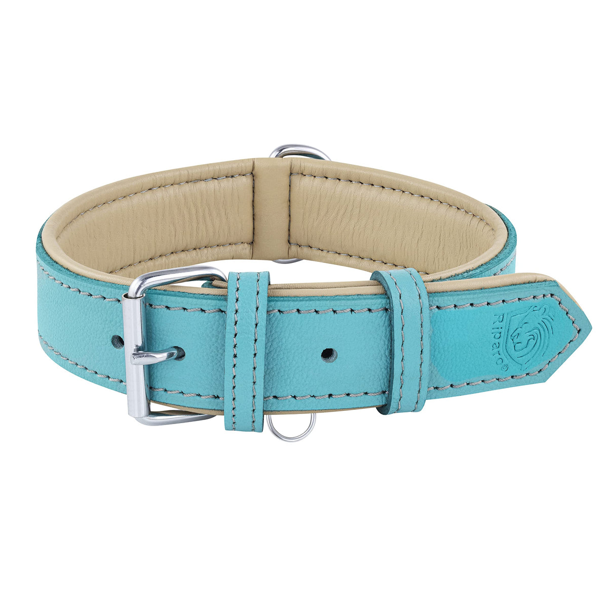 Collar Riparo de cuero azul mediano, vista frontal, ideal para paseos diarios con estilo.