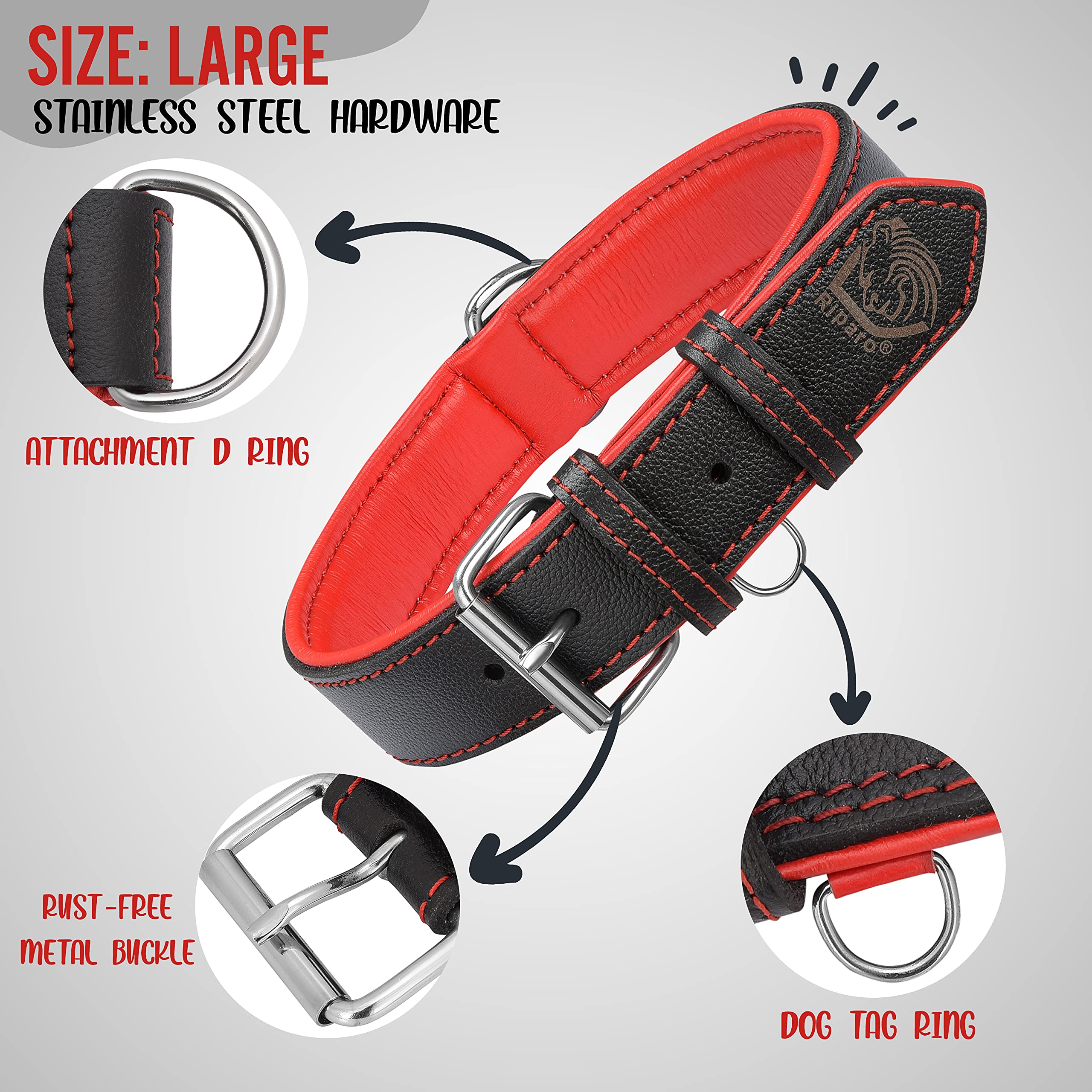 Riparo Motorsports collar de cuero acolchado para perro mediano, comodidad extra en caminatas largas.