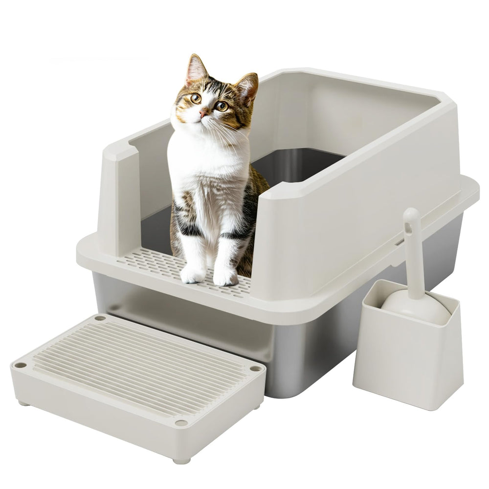 Bandeja abierta RIZZARI para gatos grandes en acero inoxidable, fácil limpieza.