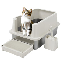 Bandeja abierta RIZZARI para gatos grandes en acero inoxidable, fácil limpieza.