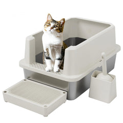 Bandeja abierta RIZZARI para gatos grandes en acero inoxidable, fácil limpieza.