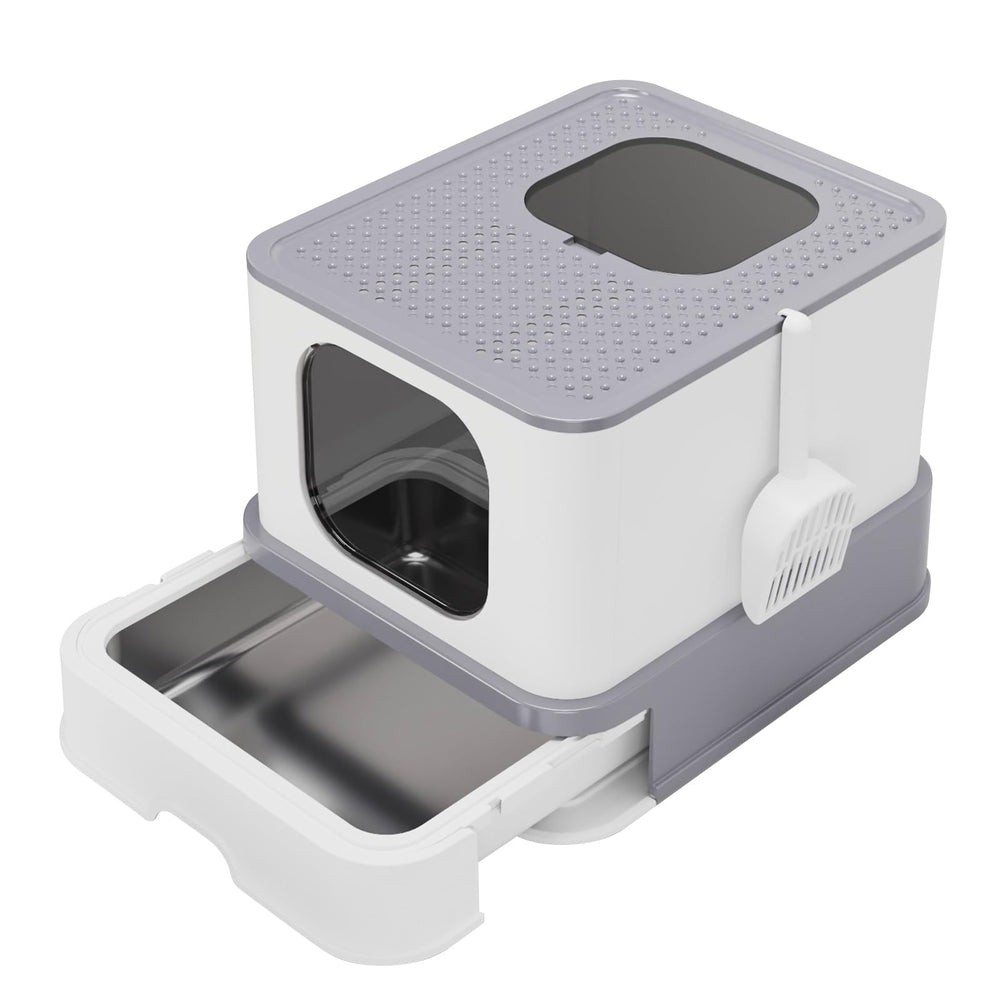 RIZZARI caja de arena de acero inoxidable grande con tapa superior, ideal para gatos grandes.
