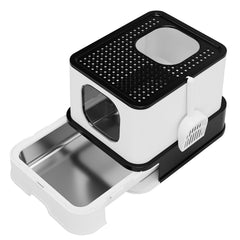 RIZZARI caja de arena de acero inoxidable XL para gatos grandes, limpieza y privacidad.