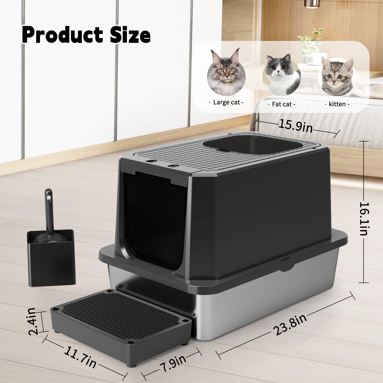RIZZARI caja de arena acero negro, duradera y fácil de limpiar.