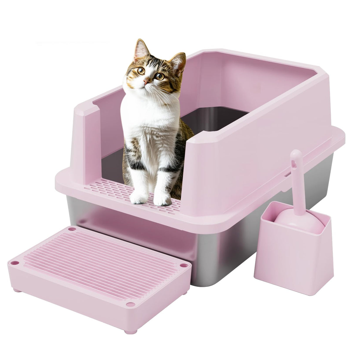 Caja de arena RIZZARI grande para gatos en rosa, acero inoxidable y fácil limpieza.