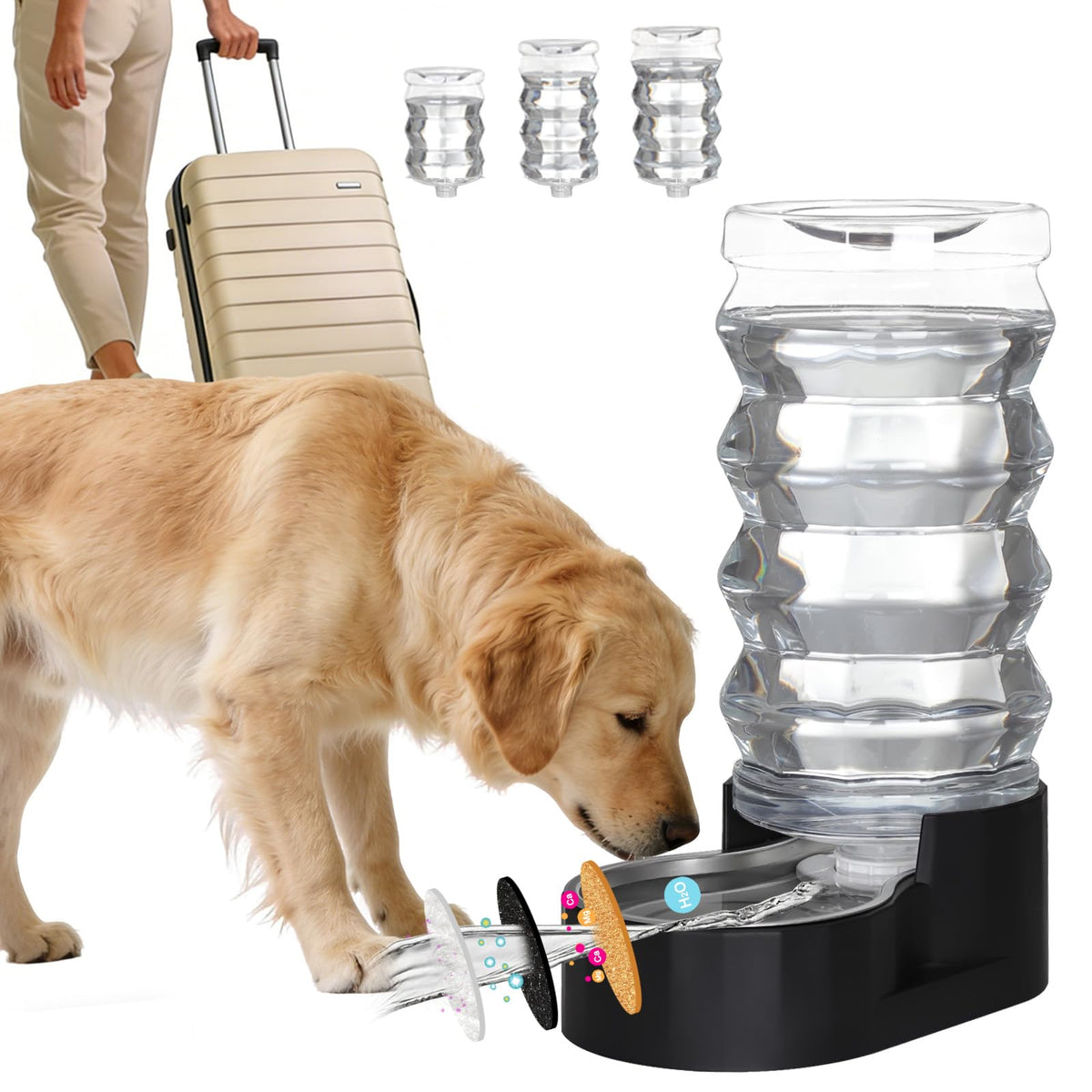 RIZZARI dispensador de agua para perros grandes con 9 litros y flujo estable.