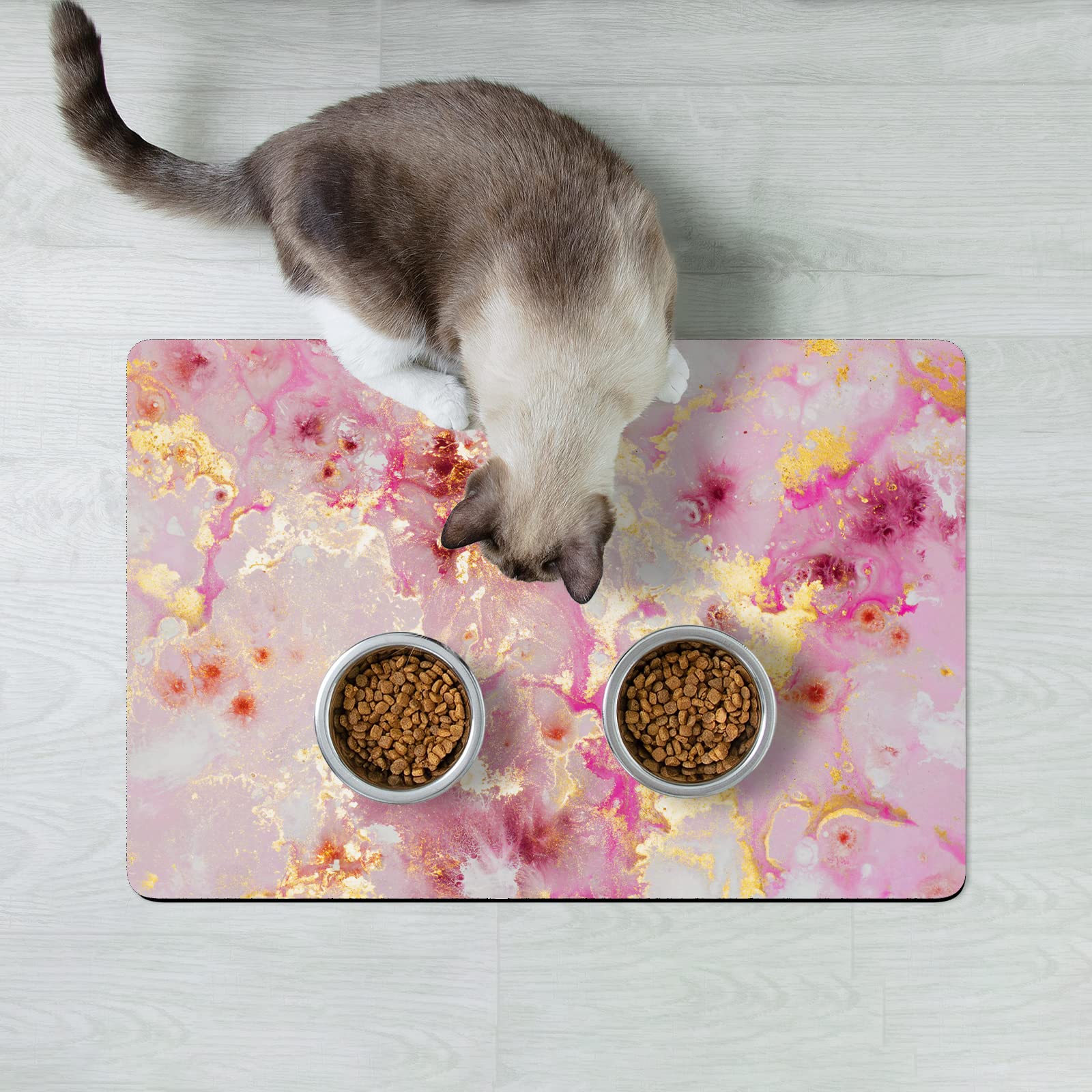 Espacio para dos tazones 12x19 Rnivvi en rosa oro, ideal para perros y gatos.