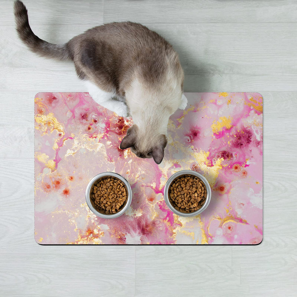 Espacio para dos tazones 12x19 Rnivvi en rosa oro, ideal para perros y gatos.