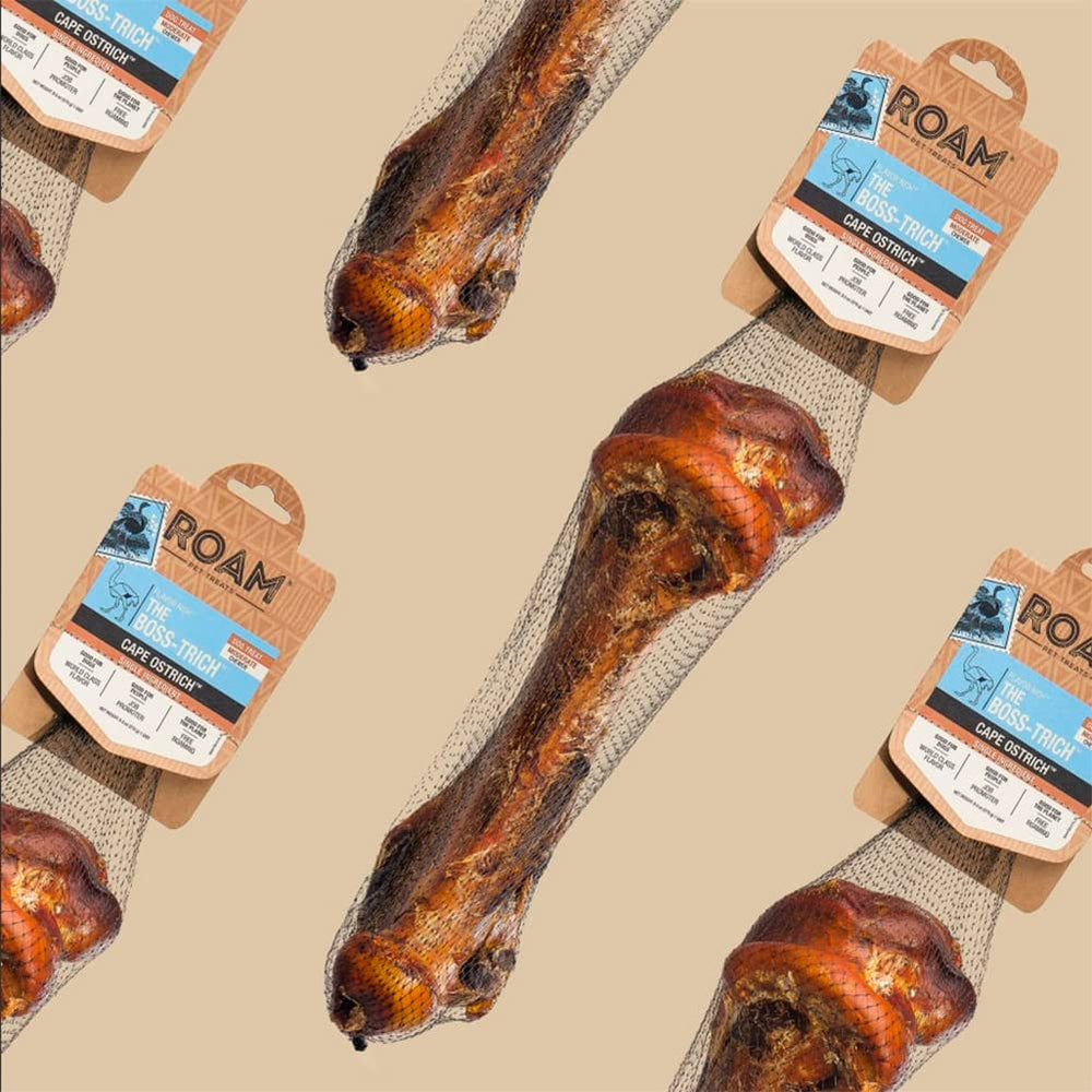 ROAM Boss-Trich: hueso de avestruz para perros grandes, ideal para juego diario.