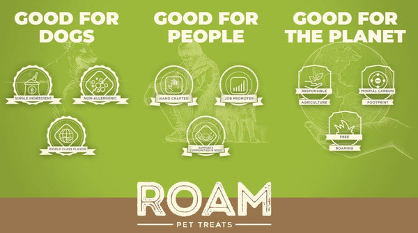 ROAM sin hormonas ni aditivos en masticables de avestruz para perros.