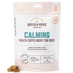 Rocco y Roxie gomitas calmantes para perros, sabor pato, apoyo diario.