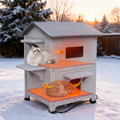 Rockever casa para gatos de dos niveles con calefacción, refugio cómodo para exteriores.