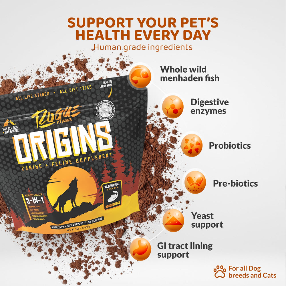 Rogue Pet Science Origins 5-en-1, aceite de pescado omega-3 que favorece piel y pelaje saludables.