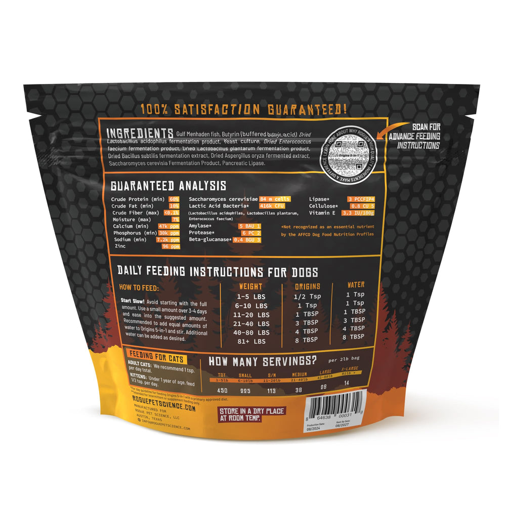 Rogue Pet Science Origins 5-en-1, ayuda a piel y pelaje brillantes gracias a pureza de ingredientes.
