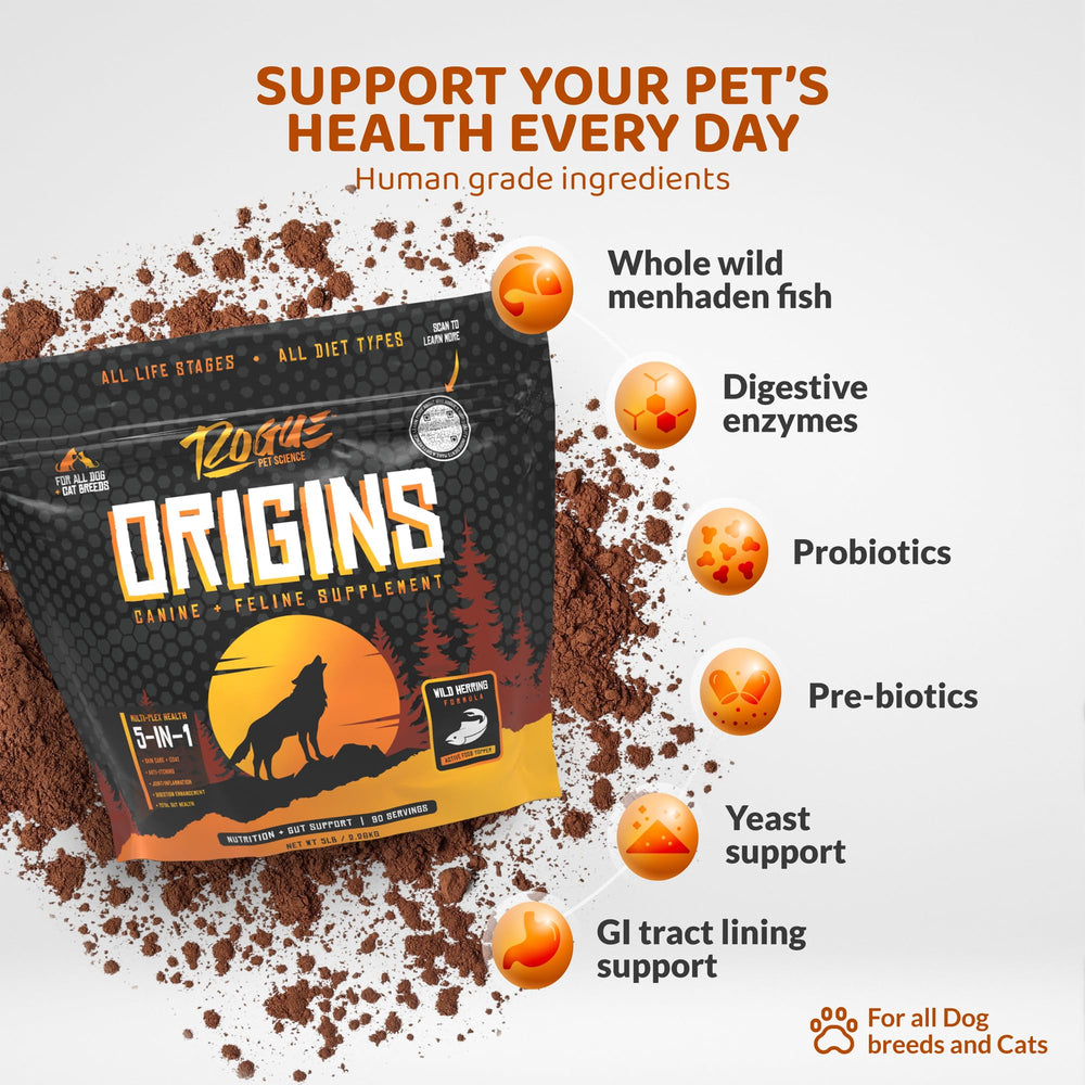 Rogue Pet Science Origins 5-en-1, mezcla en el tazón para una digestión saludable.