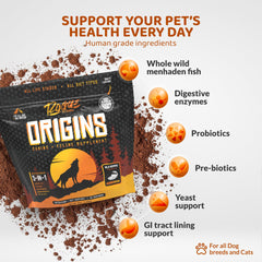 Rogue Pet Science Origins 5-en-1, mezcla en el tazón para una digestión saludable.