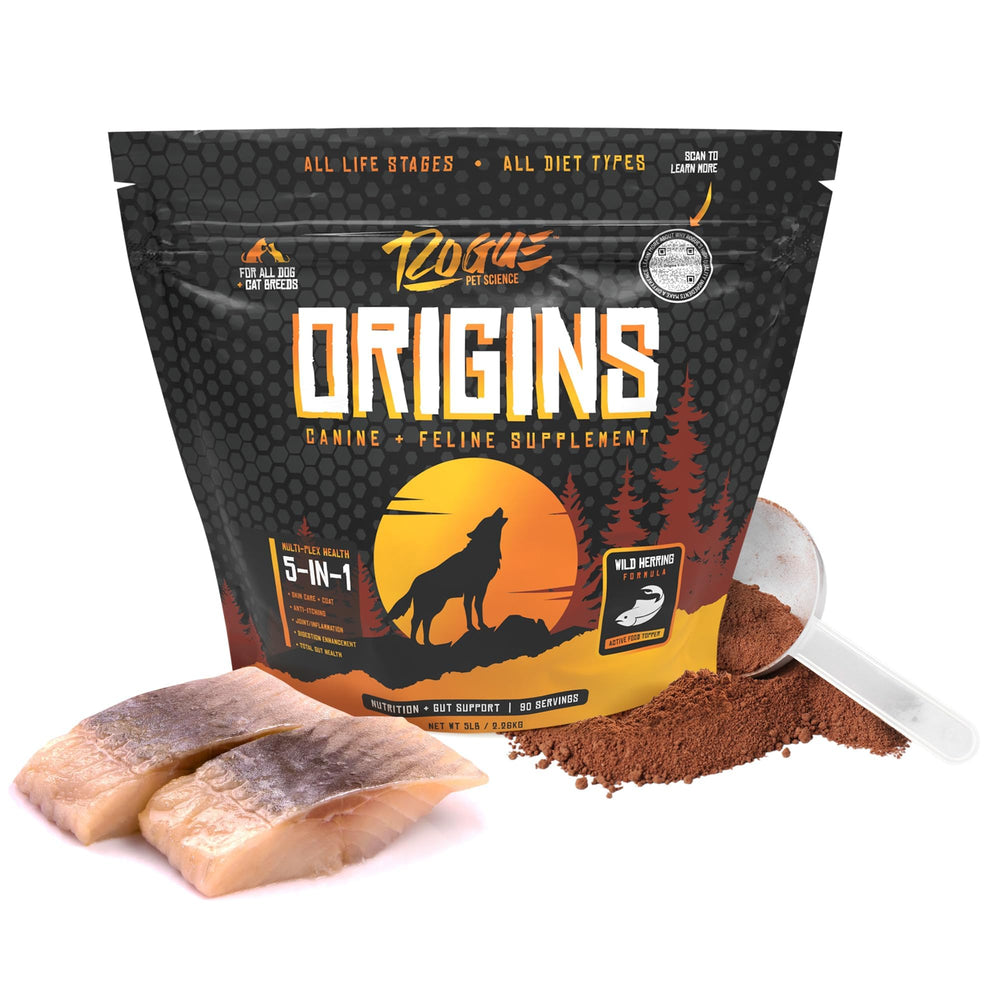 Rogue Pet Science Origins 5-en-1, polvo para comida, mejora digestión y pelaje.