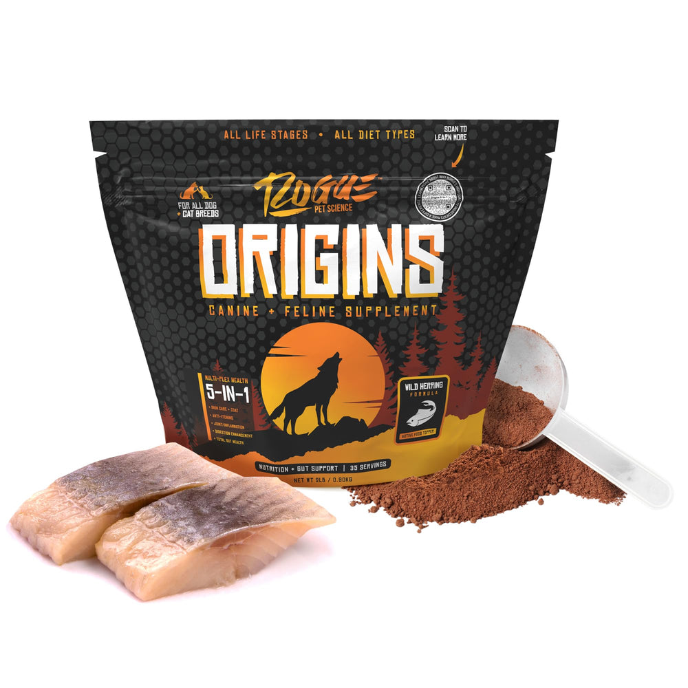 Rogue Pet Science Origins 5-en-1, suplemento en polvo para perros que apoya nutrición al momento de la comida.