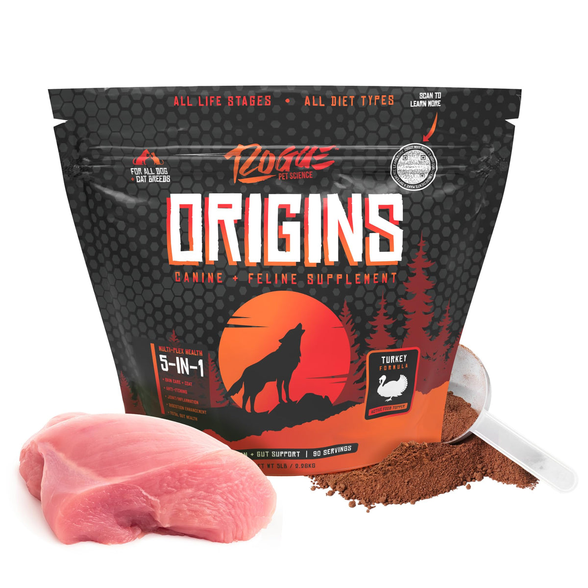 Rogue Pet Science Origins: polvo sobre comida para perros que apoya la digestión y la salud de la piel.