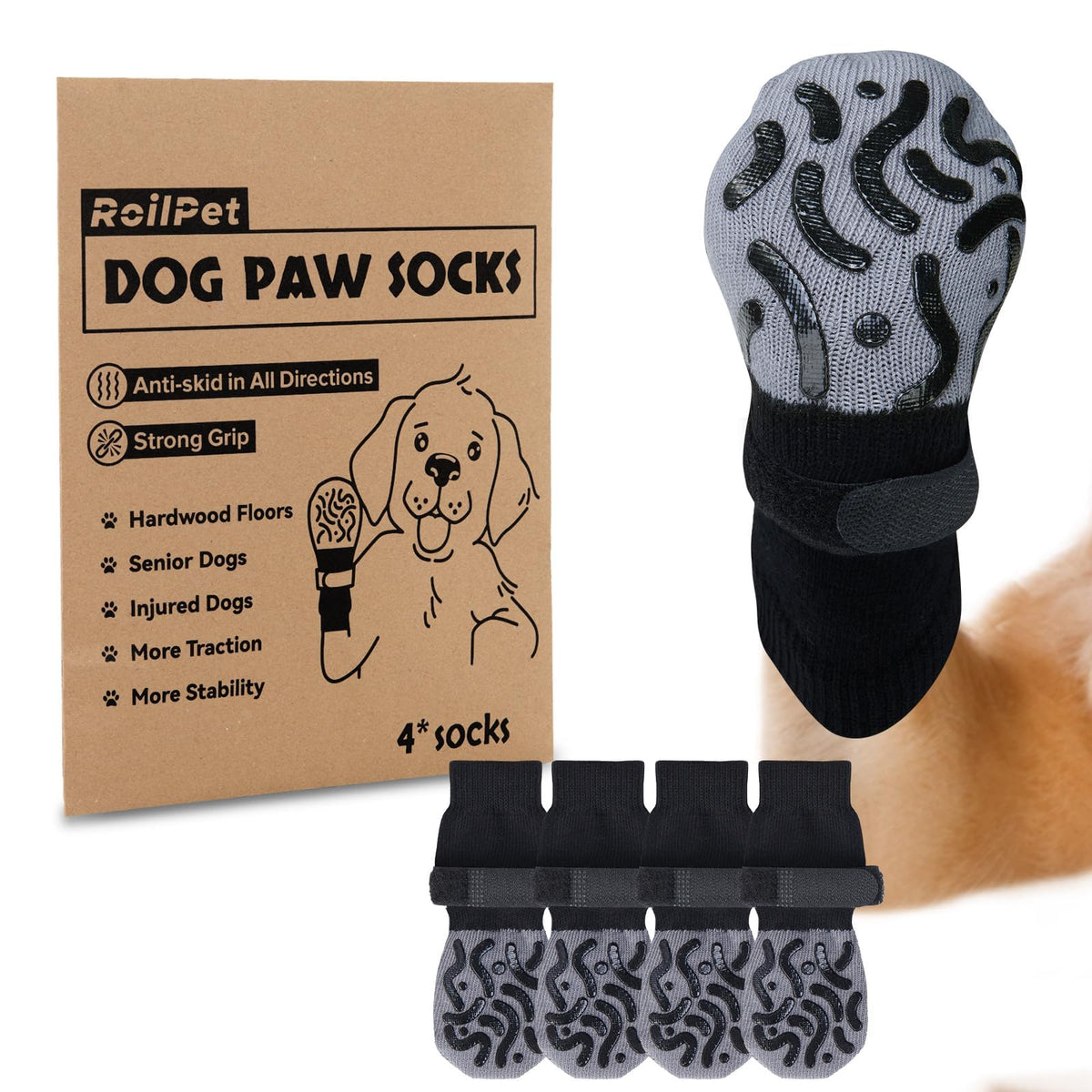 Roilpet calcetines anti deslizantes para perros, enfoque en empaque y diseño compacto.
