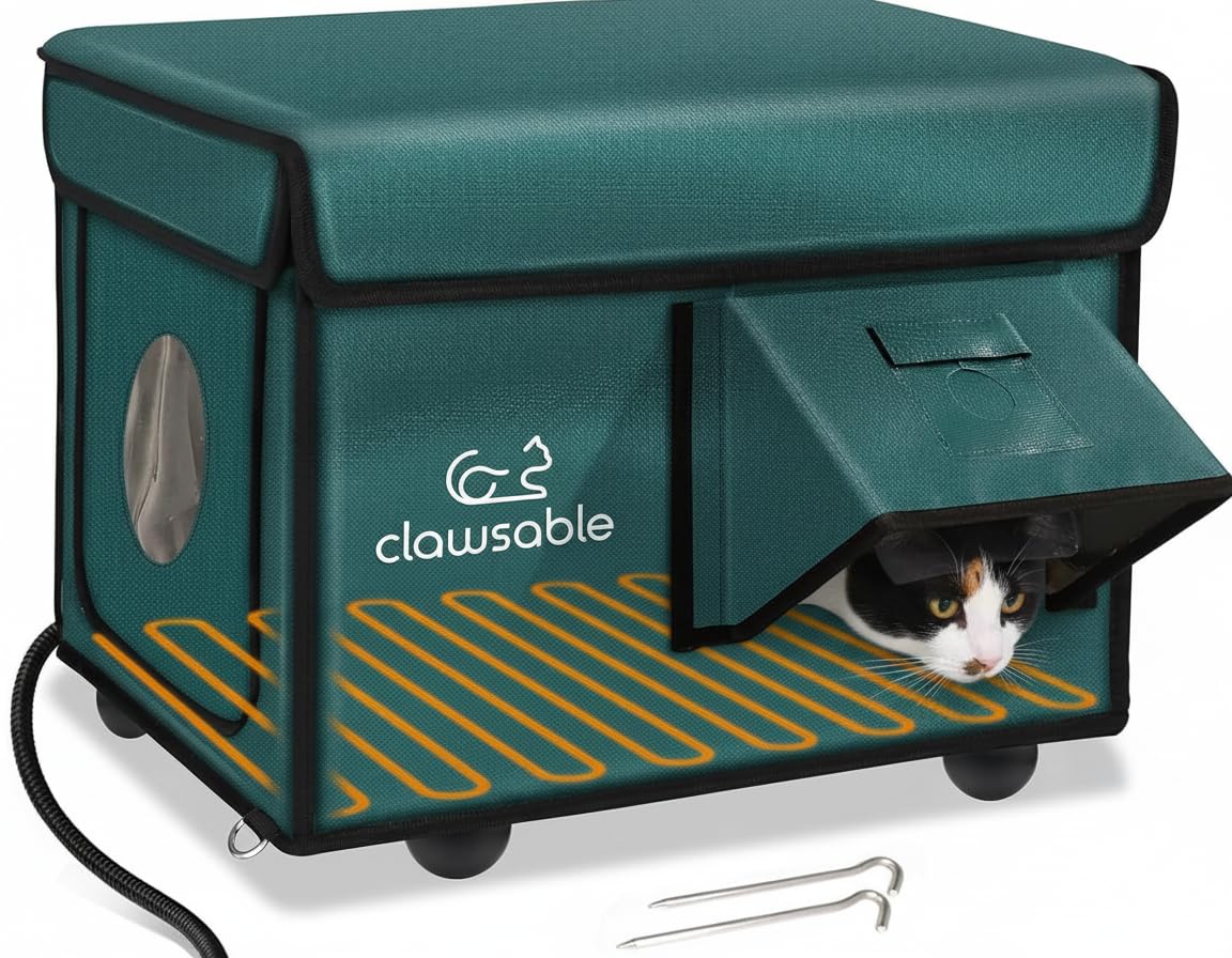 Rolimate casa de gato caliente exterior, refugio cómodo para felinos en clima frío.