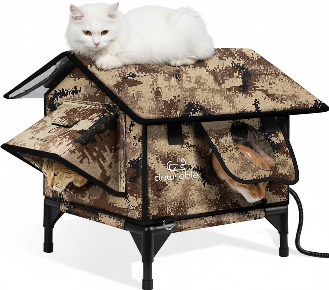 rolimate, casa-gato exterior con tejado a dos aguas indestructible, ideal para climas extremos.