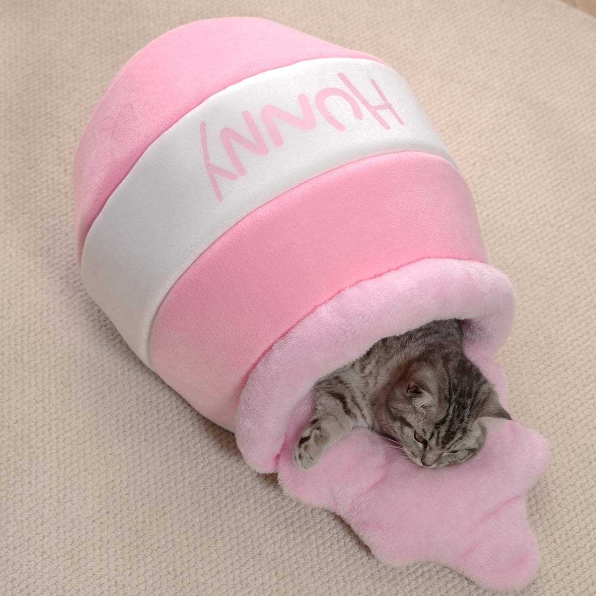 Romaneco Honey Pot Cat Cave – frente: entrada amplia para acceso cómodo y descanso cálido.
