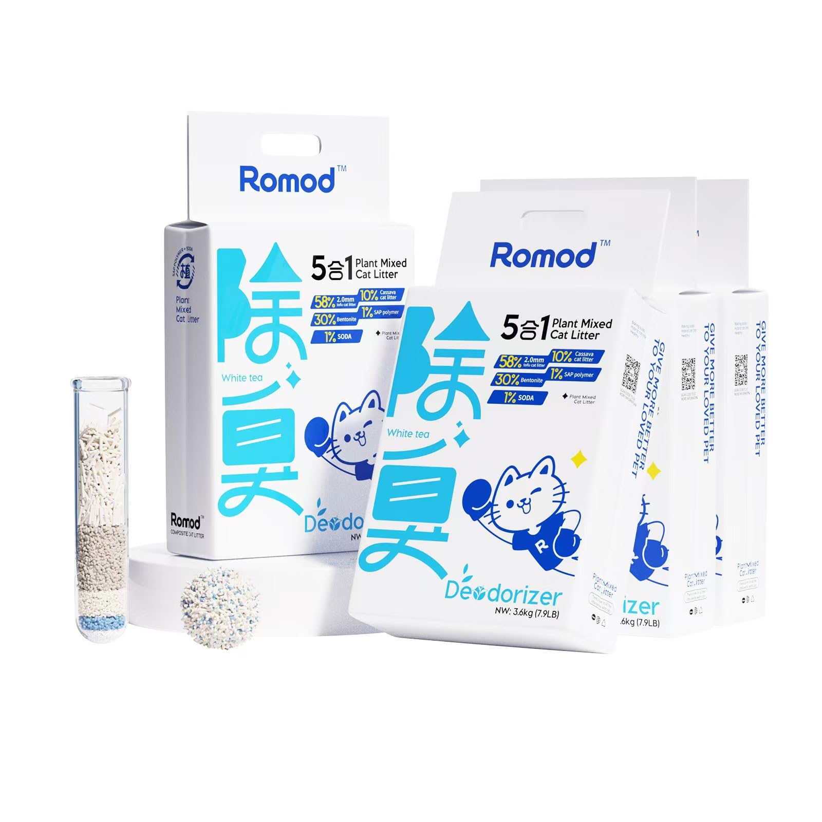 Romod 4Bags arena tofu empaque practico para rellenar facilmente la caja de arena.
