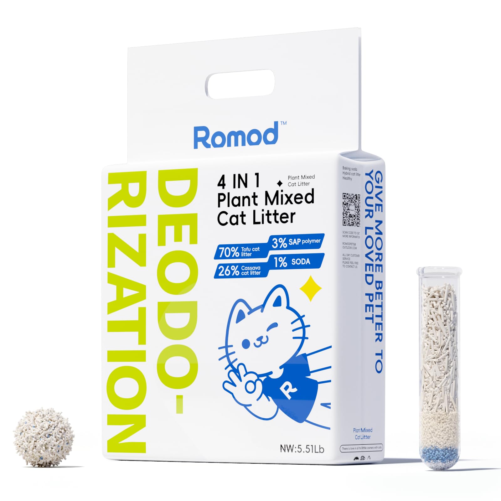 Romod arena de tofu para gatos, compacta y fácil de limpiar.