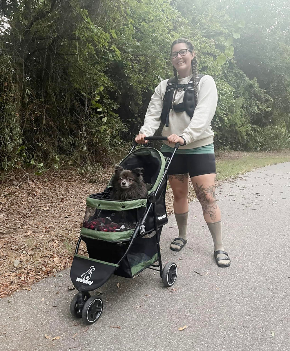 ROODO carrito de mascotas, vista lateral, plegado compacto para viajes en coche.