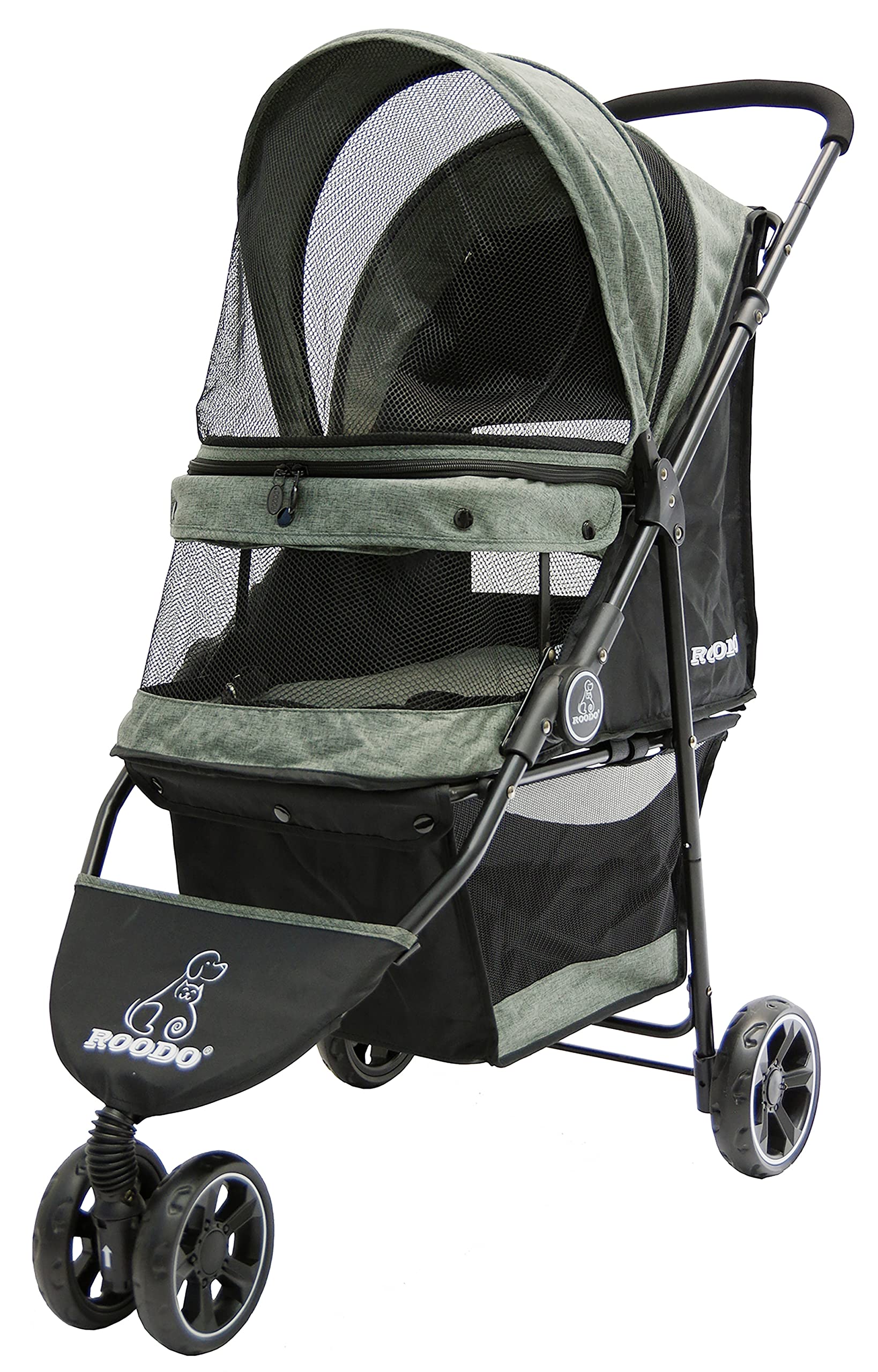 ROODO tres ruedas, carrito para mascotas, vista frontal para paseos cómodos.