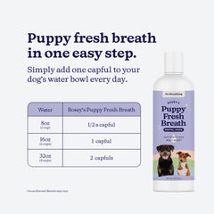 ROSEY'S PUPPY FRESH BREATH, solución sin sabor, mantiene la hidratación sin cambios.