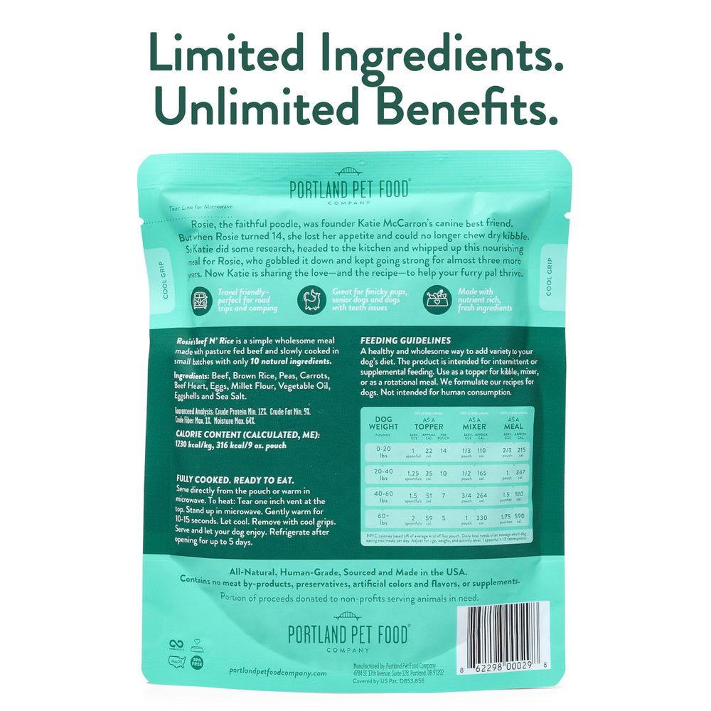 Rosies Beef N' Rice ingredientes de calidad humana para perros.