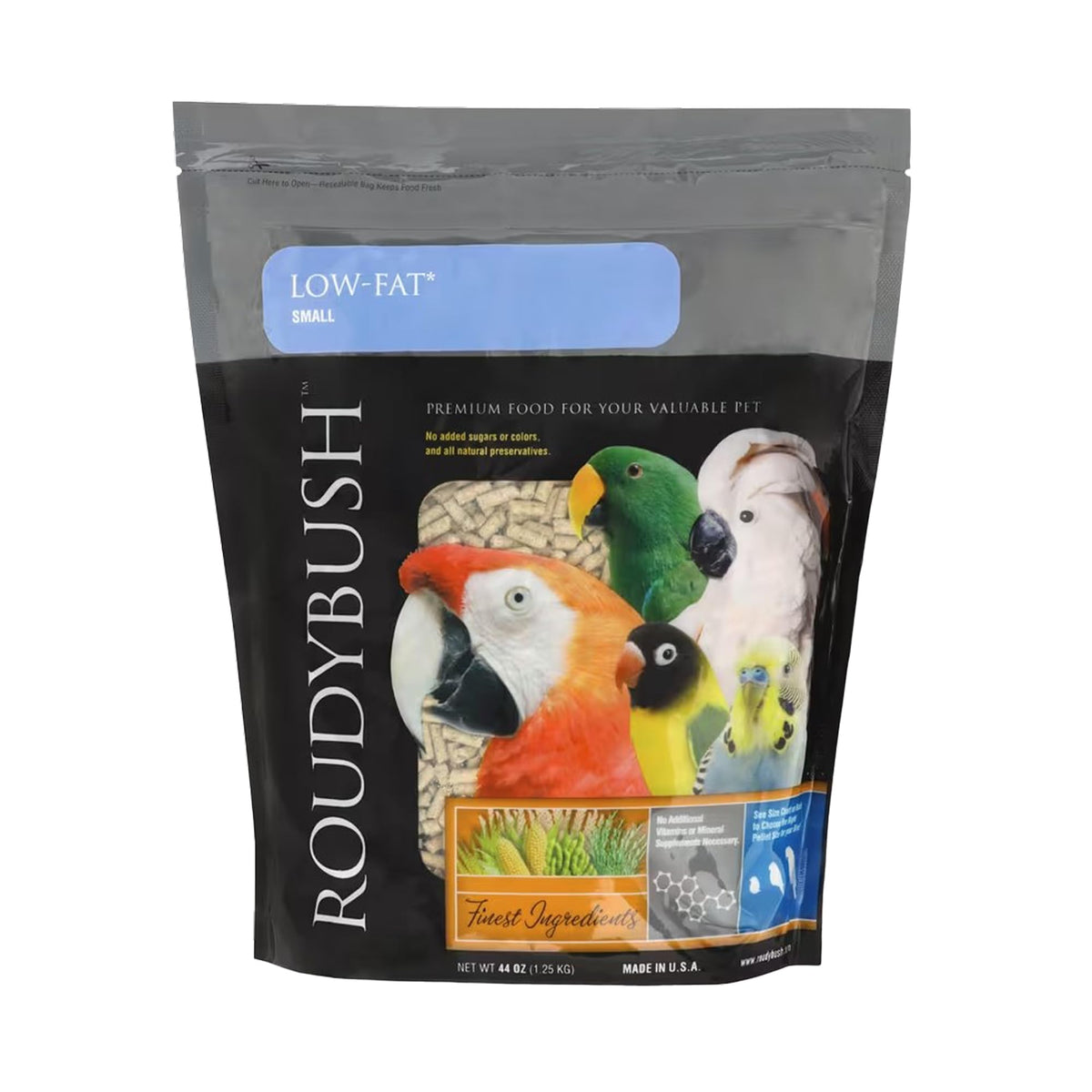 RoudyBush alimento para aves bajo grasa en bolsa de 44oz, nutrición equilibrada.