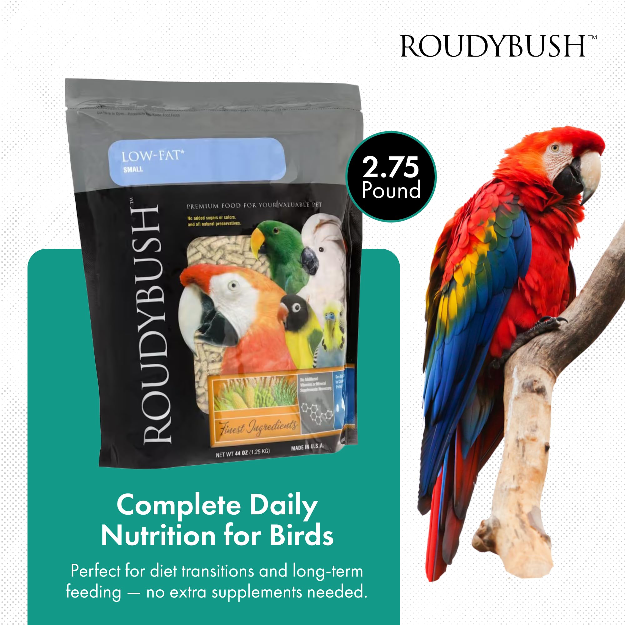 RoudyBush alimento para aves en gránulos, dieta con menos desperdicio.