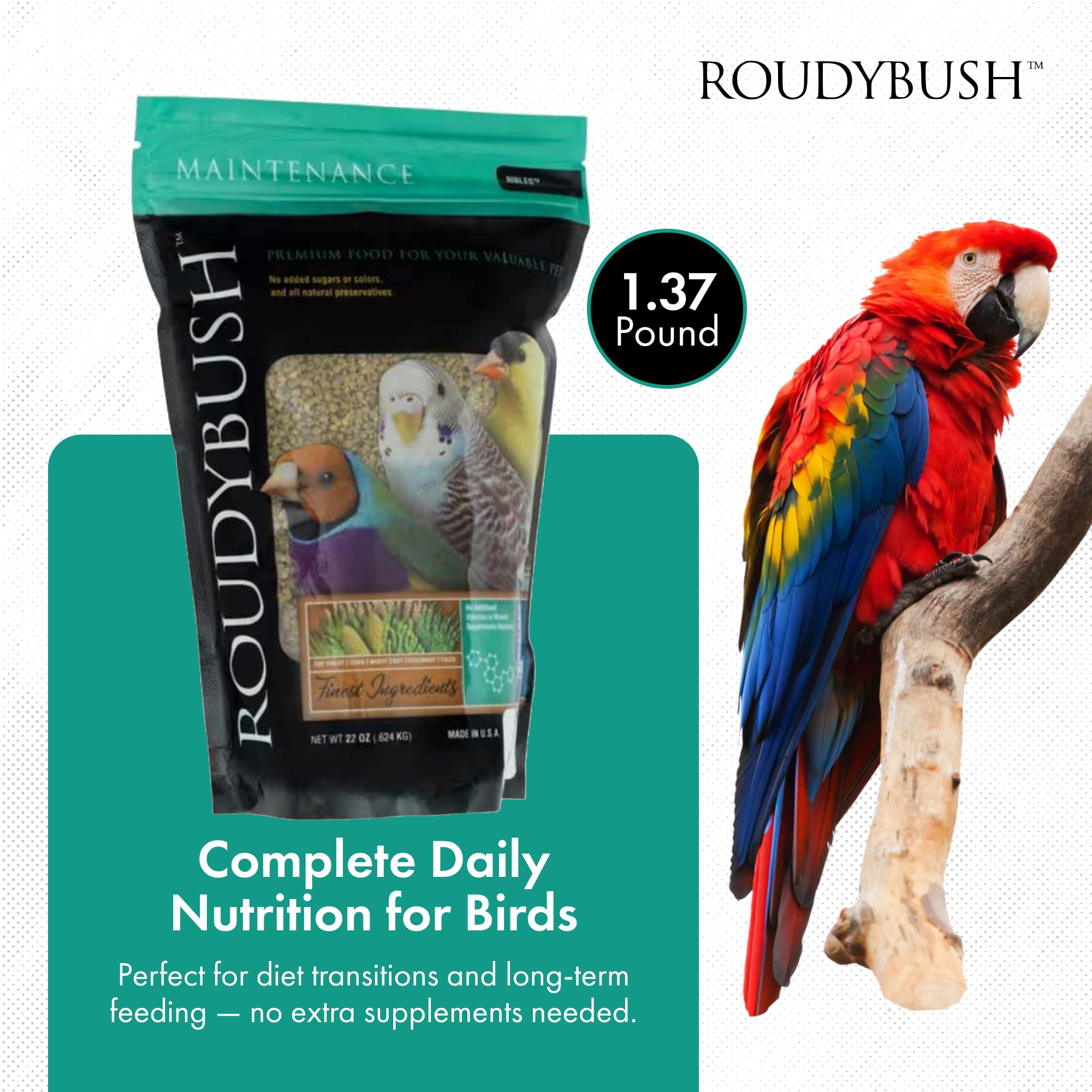 Roudybush pellets sin colorantes para aves, fórmula limpia para cuidado diario.