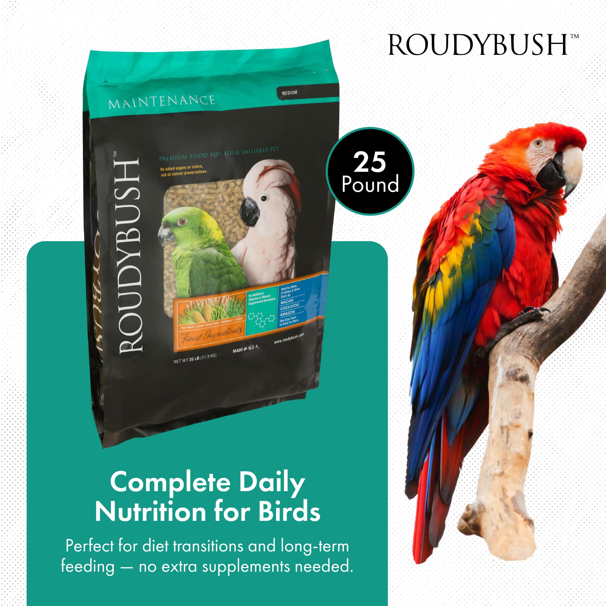 Pellets Roudybush para aves grandes con plato de muestra.