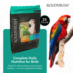 Pellets Roudybush para aves grandes con plato de muestra.