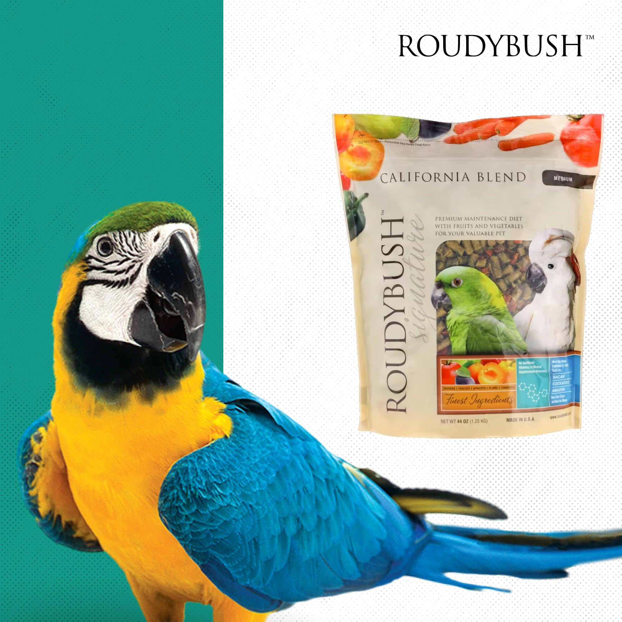Roudybush California Blend para aves medianas, nutrición equilibrada y sabor.