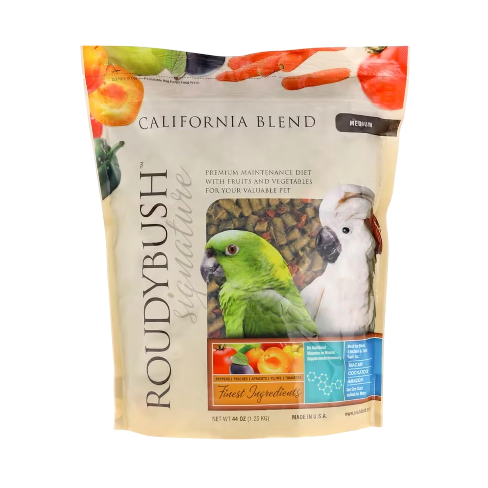 Roudybush California Blend con frutas deshidratadas, snack nutritivo para aves.