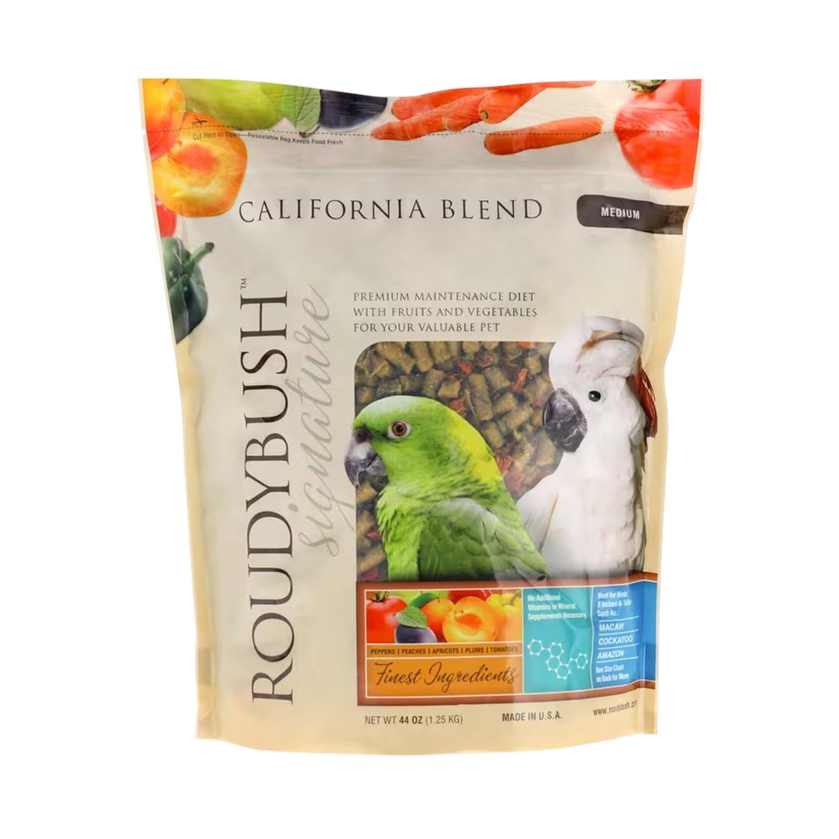 Roudybush California Blend con frutas deshidratadas, snack nutritivo para aves.