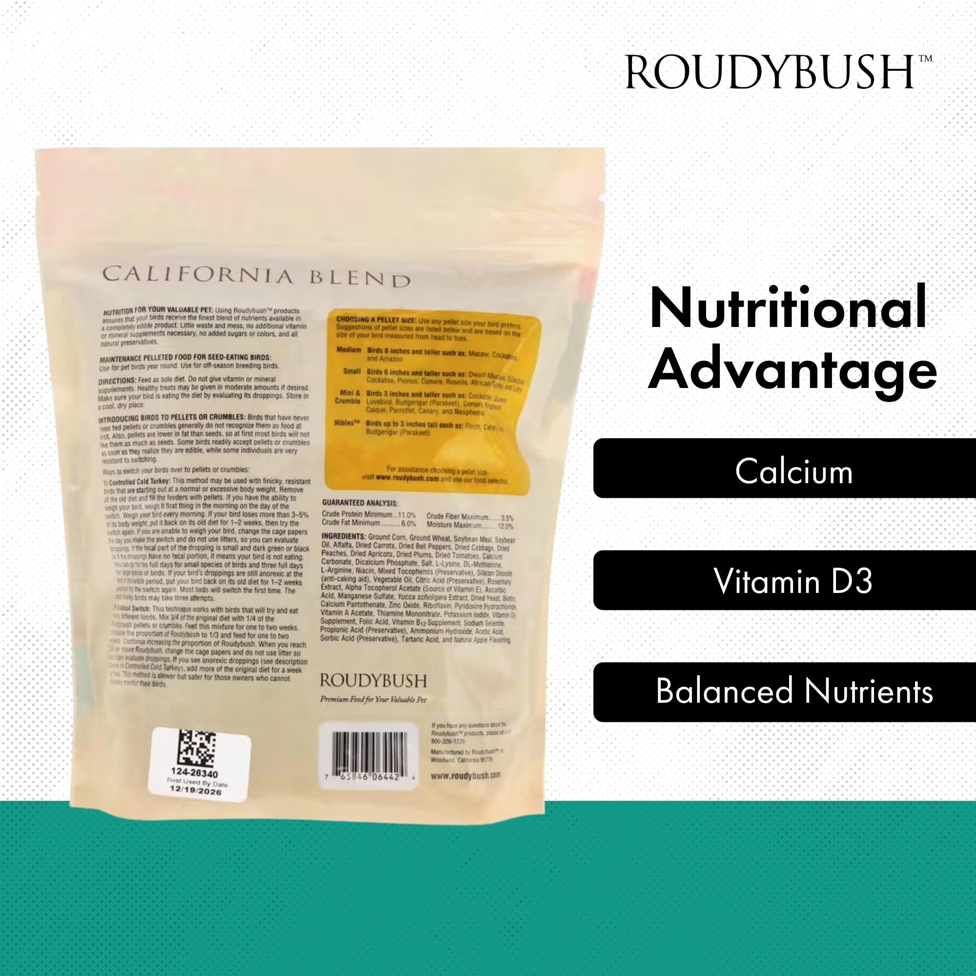 Roudybush California Blend pellets mini, aptos para aves de tamaño medio.