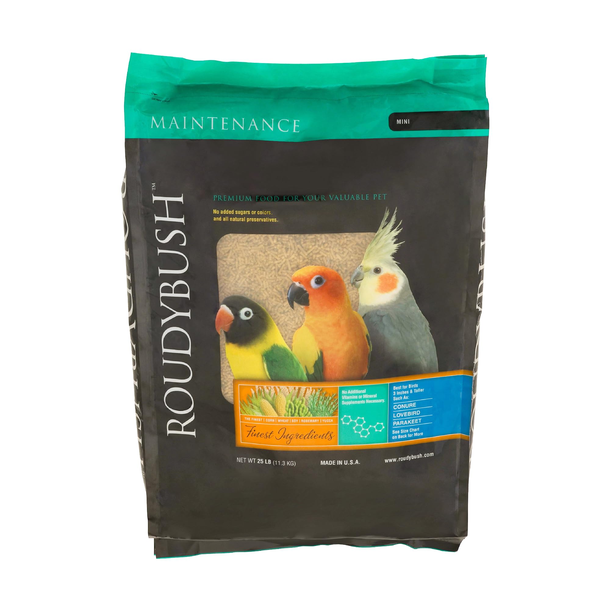 Comida diaria RoudyBush en bolsa de 25 libras para aves mini, nutrición estable.