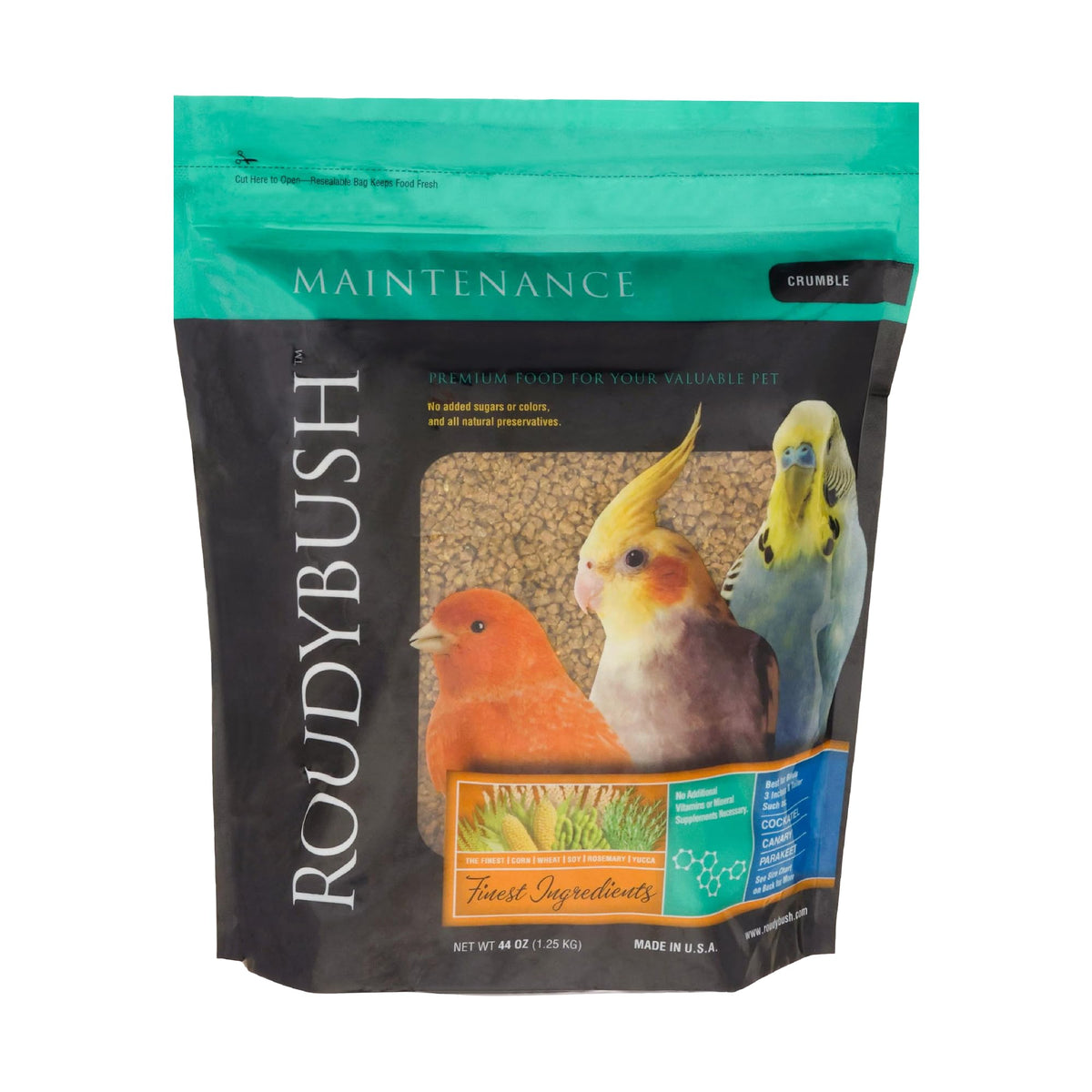 RoudyBush Crumbles de Mantenimiento Diario en empaque, nutrición diaria estable para aves adultas.
